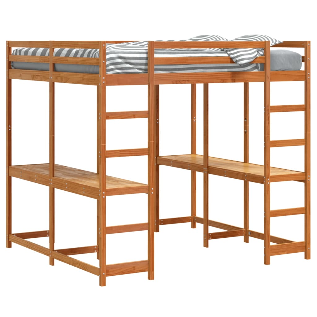 Loft Bed with Desk and Ladder Wax Brown 160x200 cm Solid Wood Pine