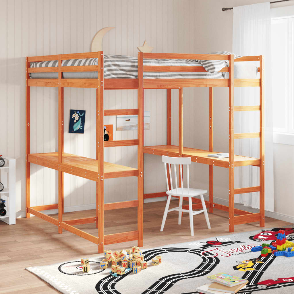 Loft Bed with Desk and Ladder Wax Brown 160x200 cm Solid Wood Pine