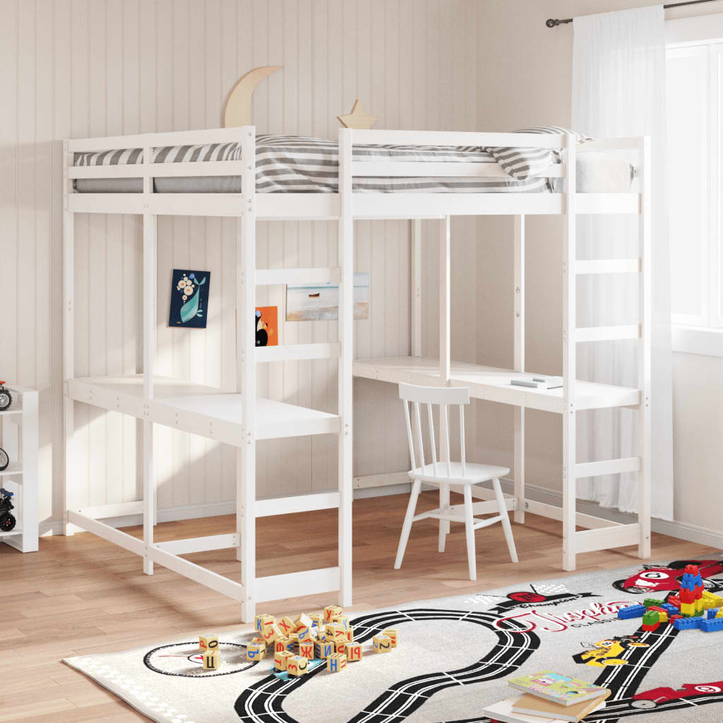 Loft Bed with Desk and Ladder White 140x200 cm Solid Wood Pine