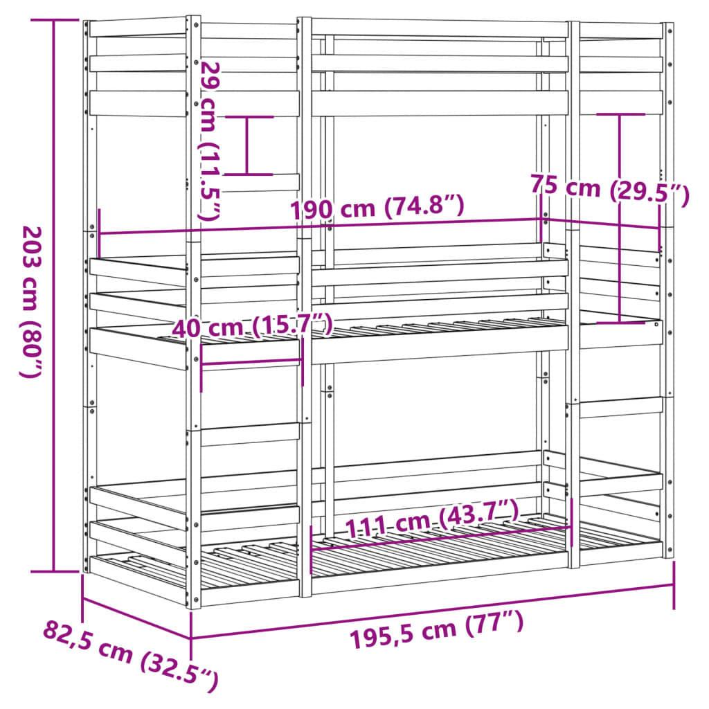 Triple Bunk Bed without Mattress White 75x190 cm Small Single Solid Wood Pine