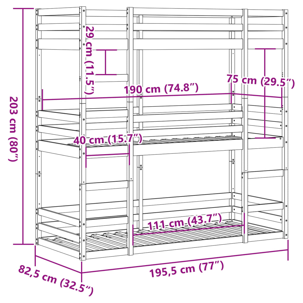Triple Bunk Bed without Mattress Wax Brown 75x190 cm Small Single Solid Wood Pine