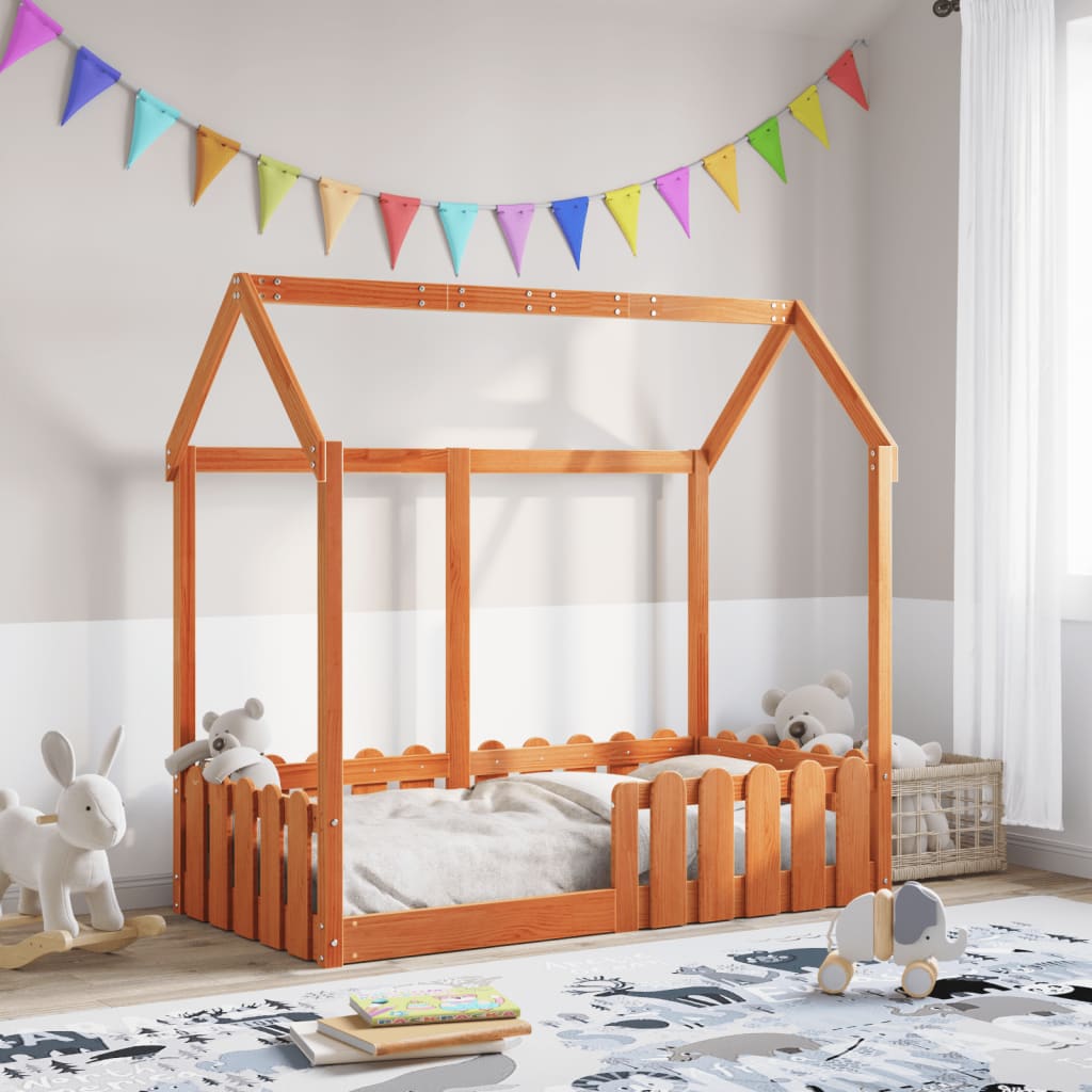 Kids' House Bed Frame Wax Brown 70x140 cm Solid Wood Pine