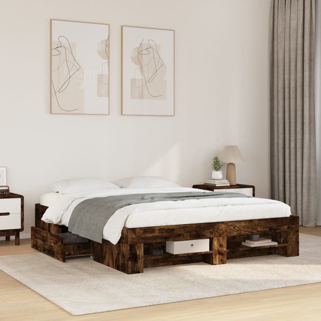 Bed Frame without Mattress Smoked Oak 150x200 cm King Size Engineered Wood