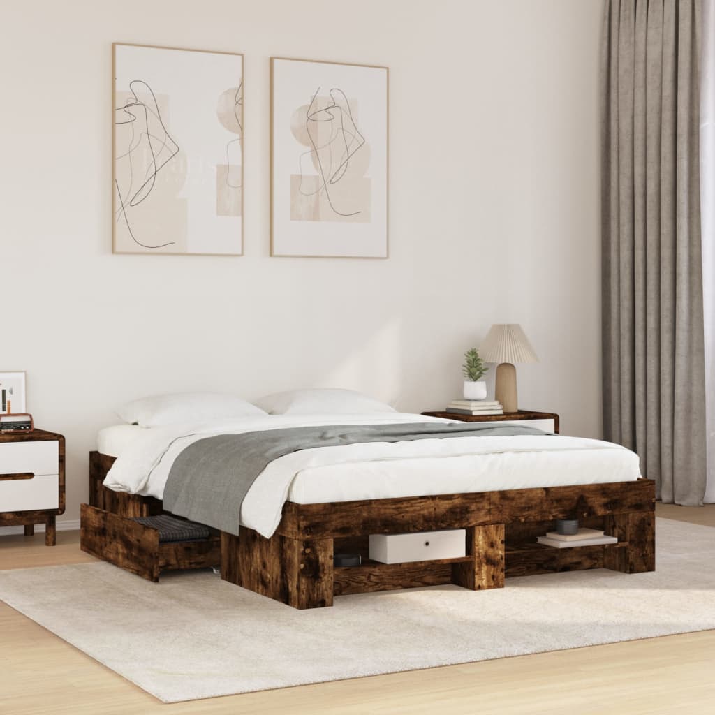 Bed Frame without Mattress Smoked Oak 135x190 cm Double Engineered Wood