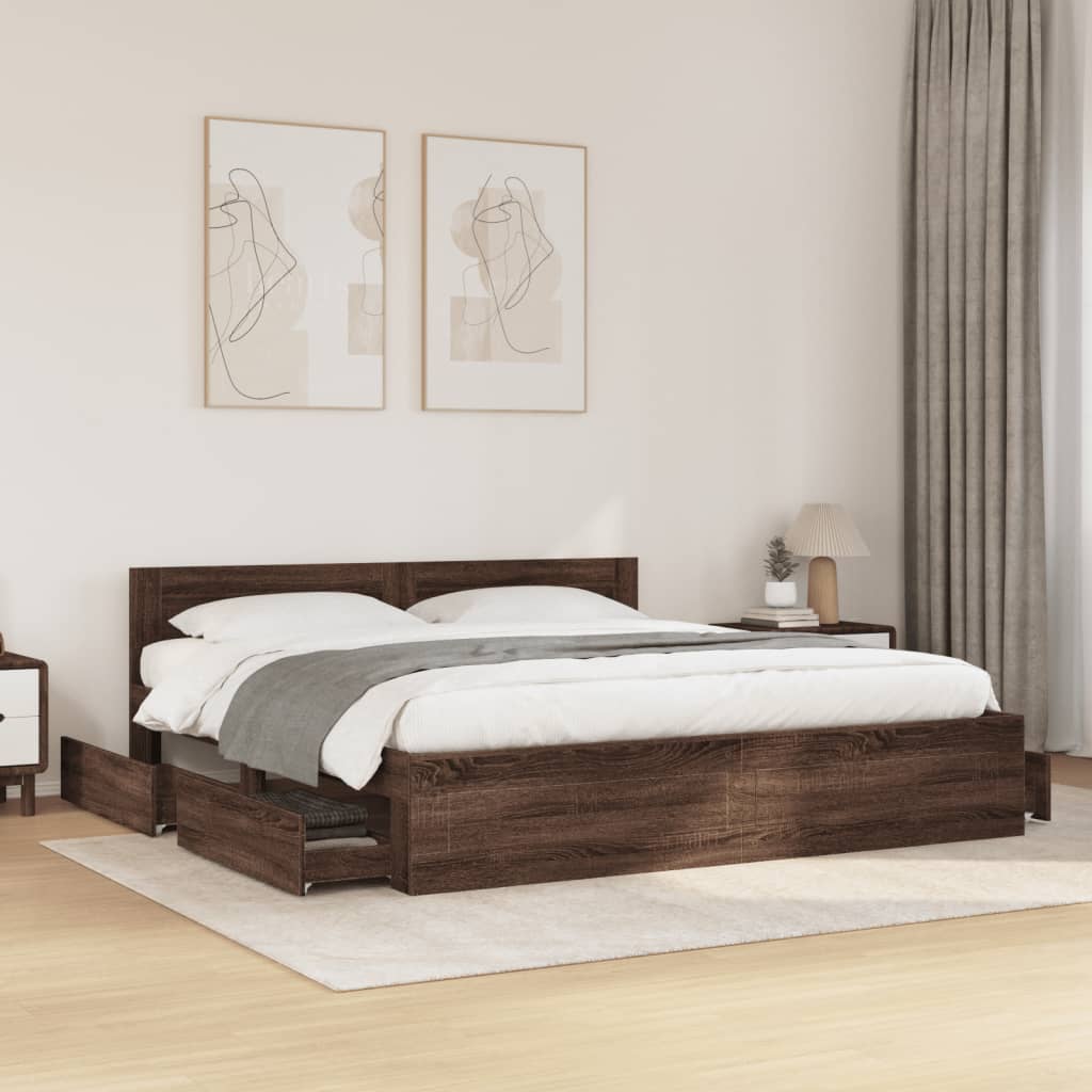 Bed Frame with Headboard without Mattress Brown Oak 200x200 cm