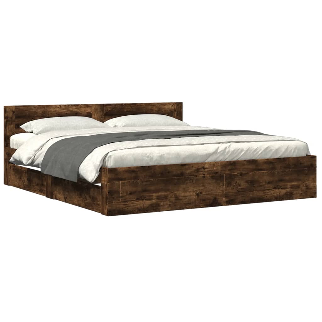 Bed Frame with Headboard without Mattress Smoked Oak 180x200 cm Super King