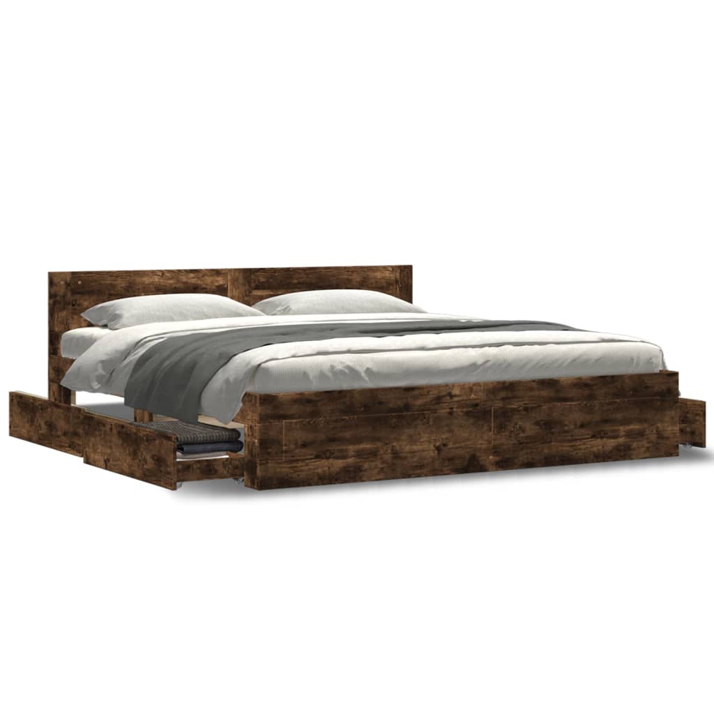 Bed Frame with Headboard without Mattress Smoked Oak 180x200 cm Super King