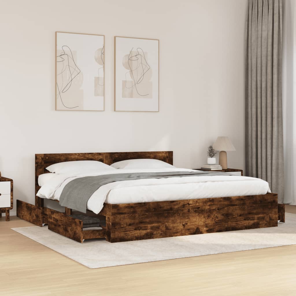 Bed Frame with Headboard without Mattress Smoked Oak 180x200 cm Super King