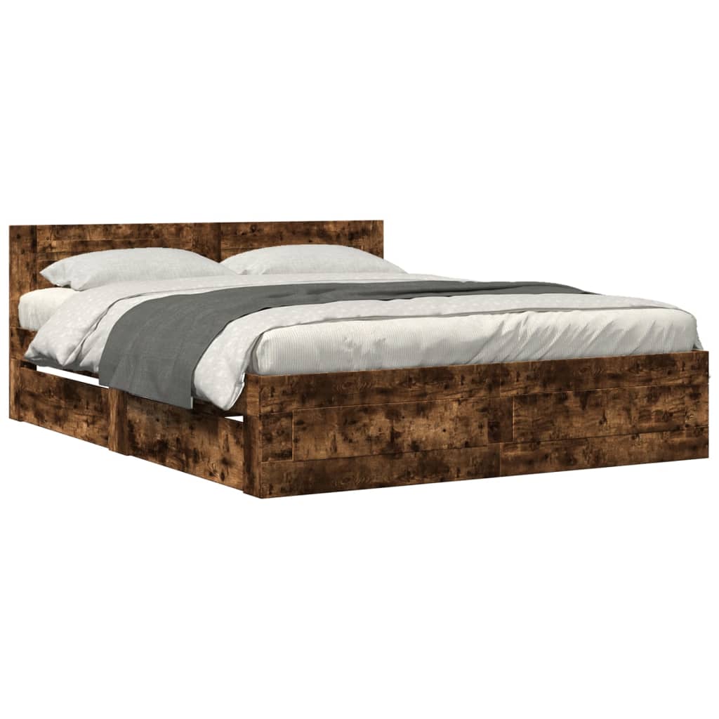 Bed Frame with Headboard without Mattress Smoked Oak 160x200 cm