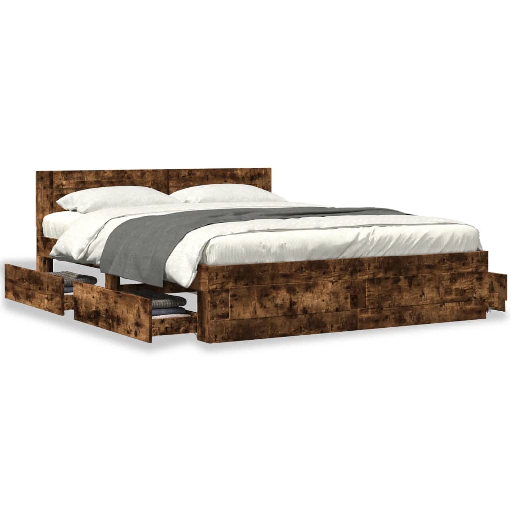 Bed Frame with Headboard without Mattress Smoked Oak 160x200 cm