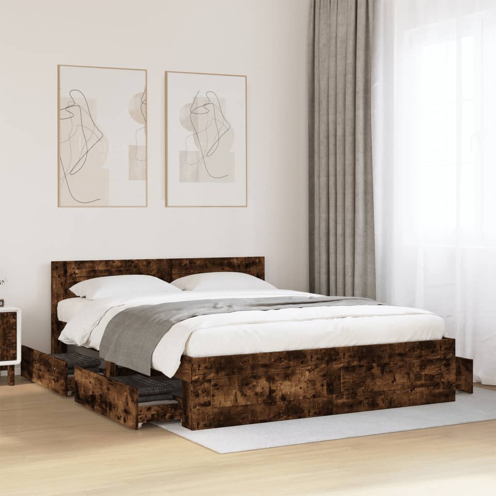 Bed Frame with Headboard without Mattress Smoked Oak 160x200 cm