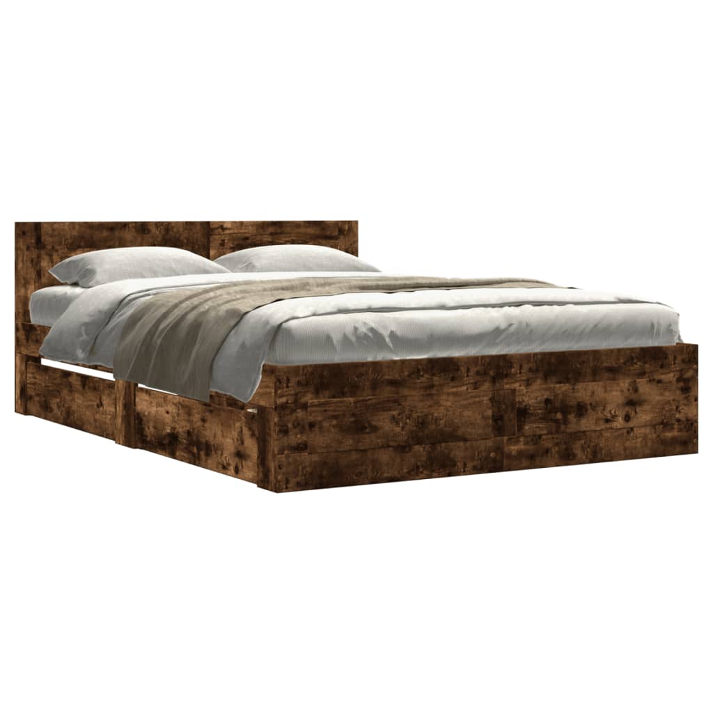 Bed Frame with Headboard without Mattress Smoked Oak 140x200 cm