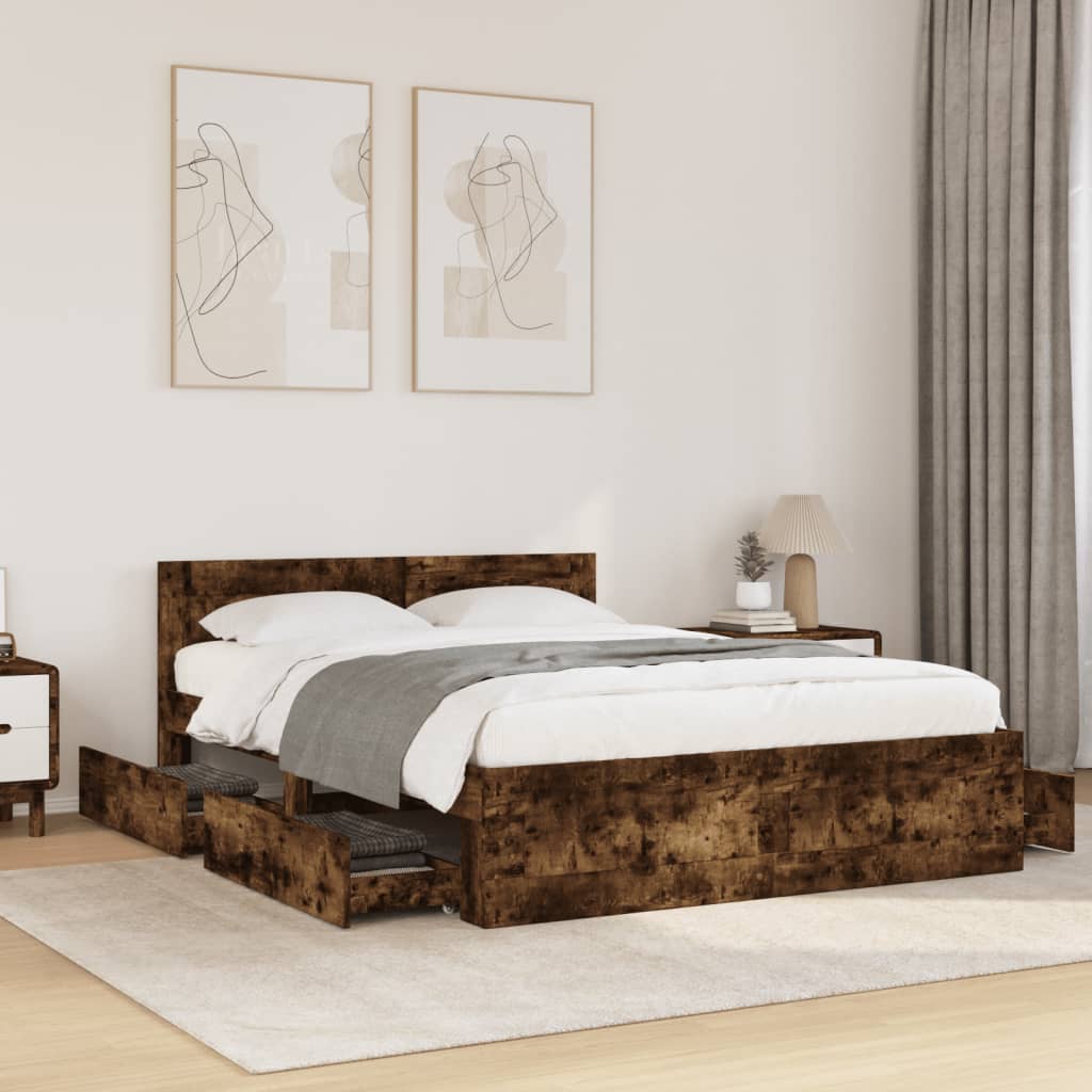 Bed Frame with Headboard without Mattress Smoked Oak 140x200 cm