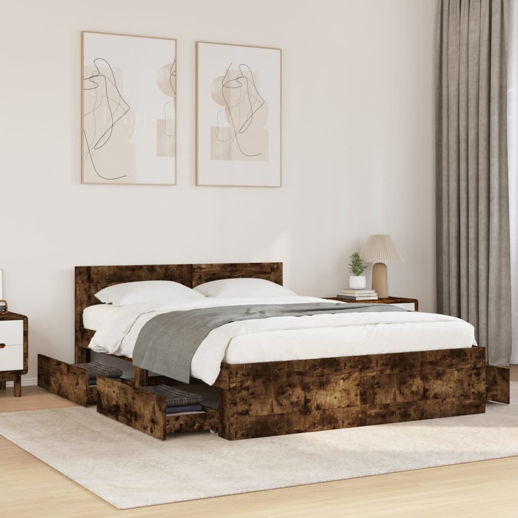 Bed Frame with Headboard without Mattress Smoked Oak 140x190 cm