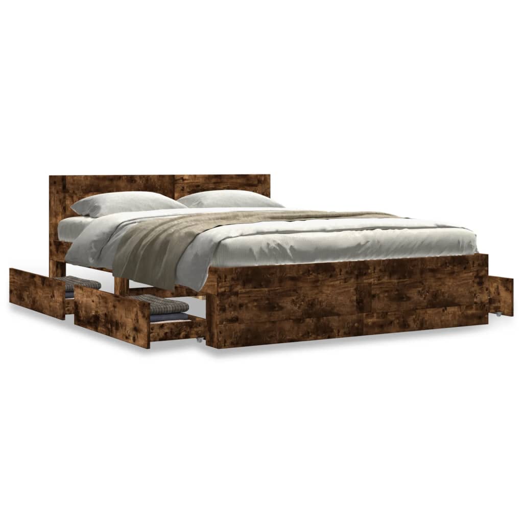 Bed Frame with Headboard without Mattress Smoked Oak 135x190 cm Double