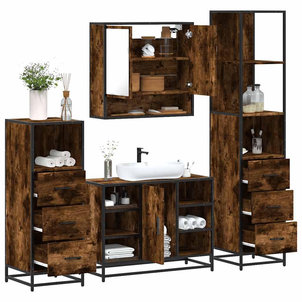 4 Piece Bathroom Furniture Set Smoked Oak Engineered Wood