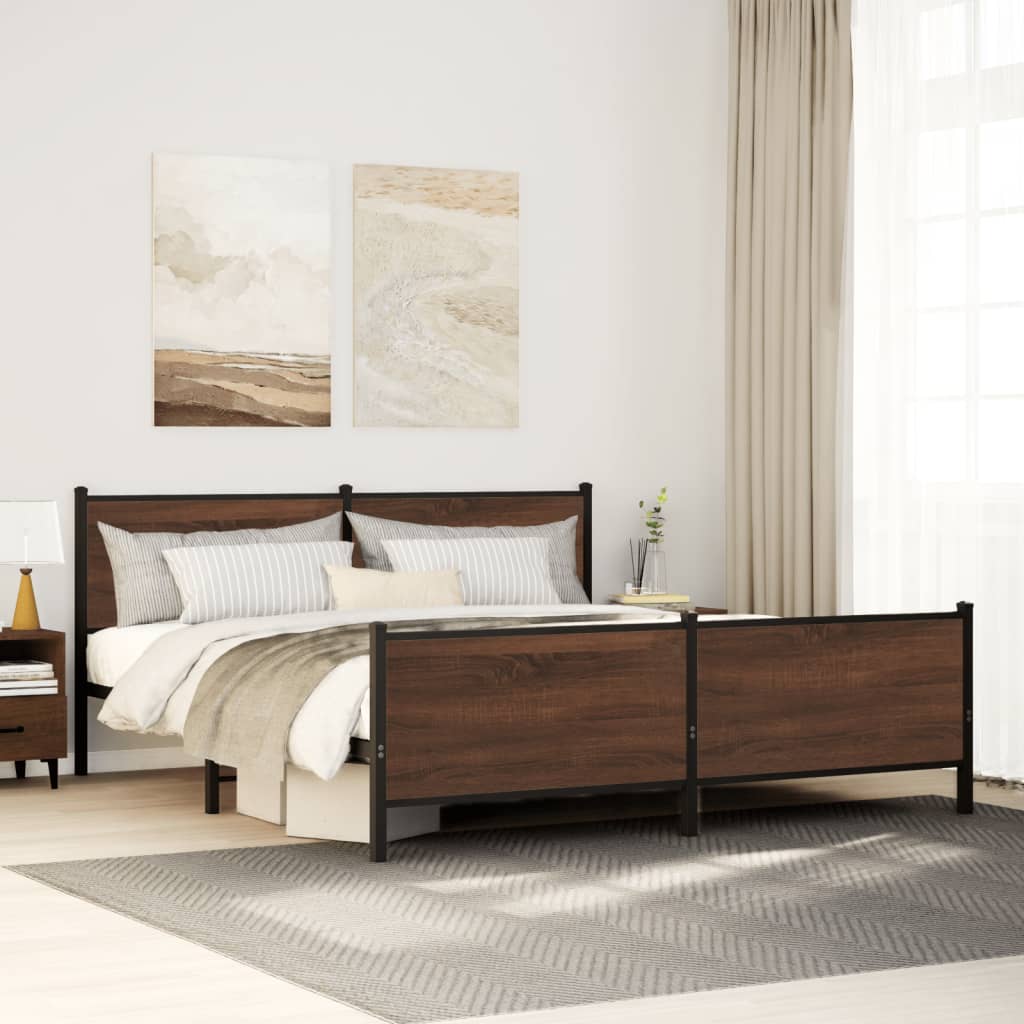 Metal Bed Frame without Mattress Brown Oak 140x190 cm
