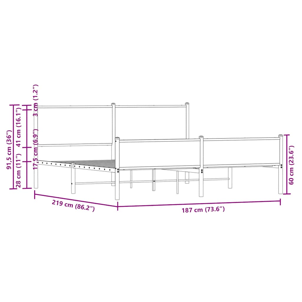 Metal Bed Frame without Mattress Sonoma Oak 183x213 cm