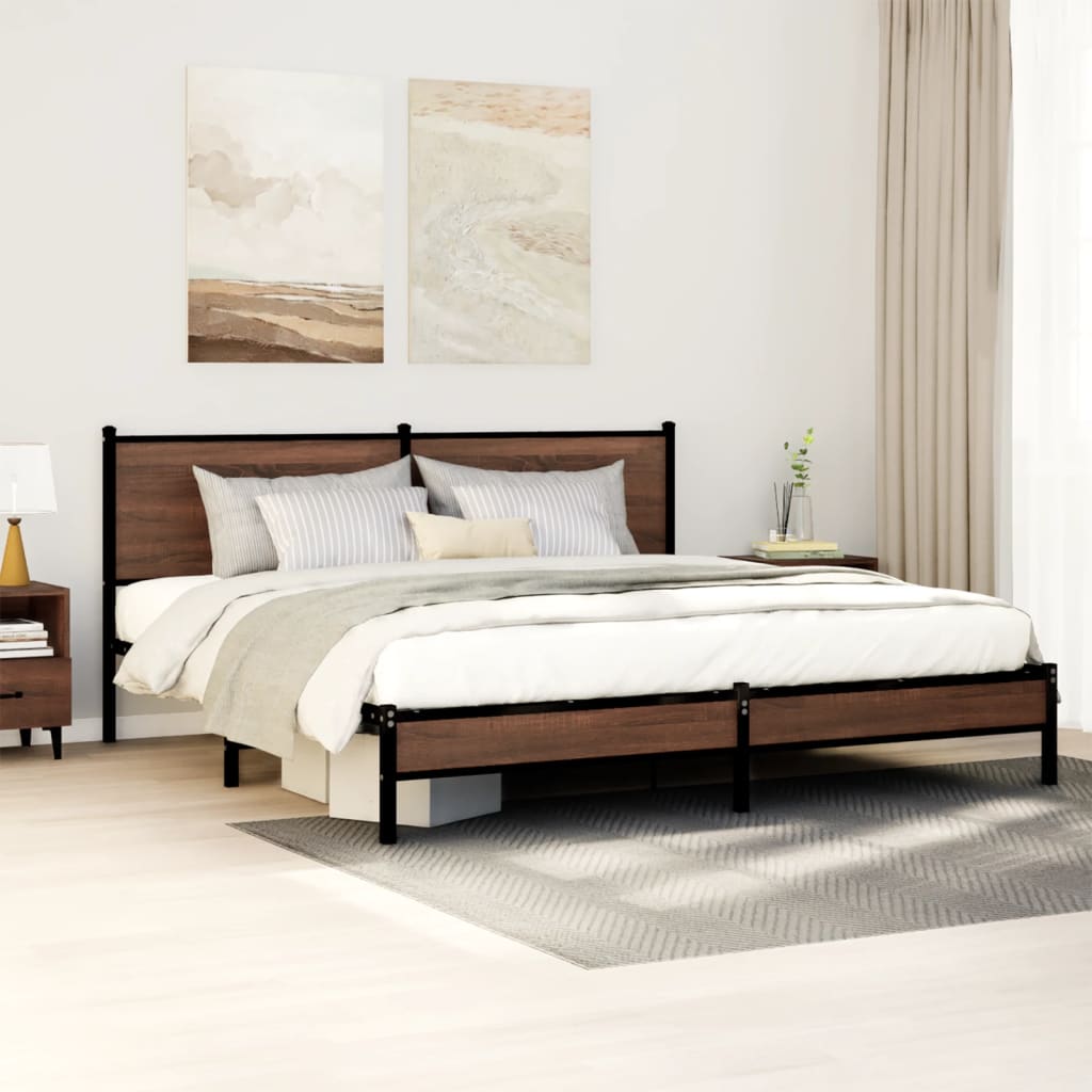 Metal Bed Frame without Mattress Brown Oak 180x200 cm Super King