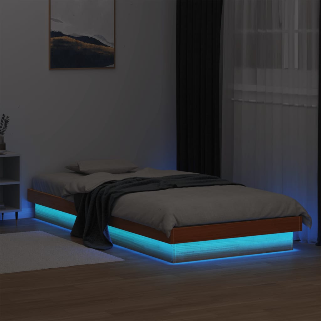 LED Bed Frame without Mattress Wax Brown 75x190 cm Small Single Solid Wood