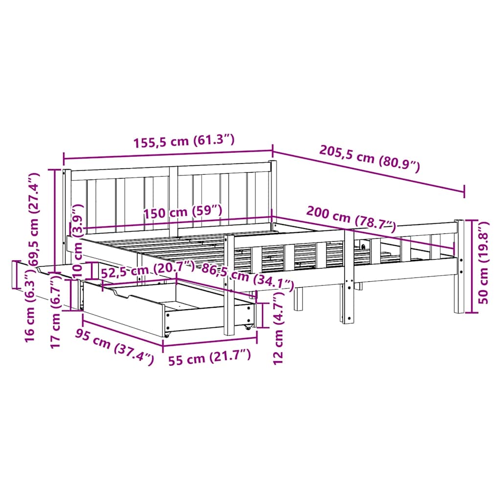 Bed Frame without Mattress White 150x200 cm King Size Solid Wood Pine