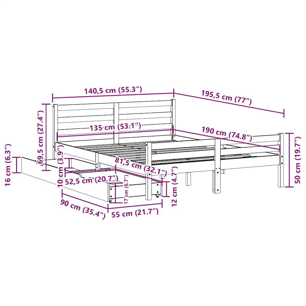 Bed Frame without Mattress White 135x190 cm Double Solid Wood Pine