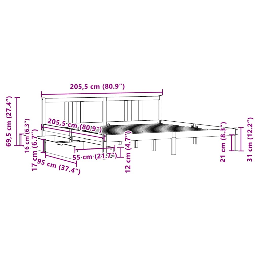 Bed Frame without Mattress White 200x200 cm Solid Wood Pine