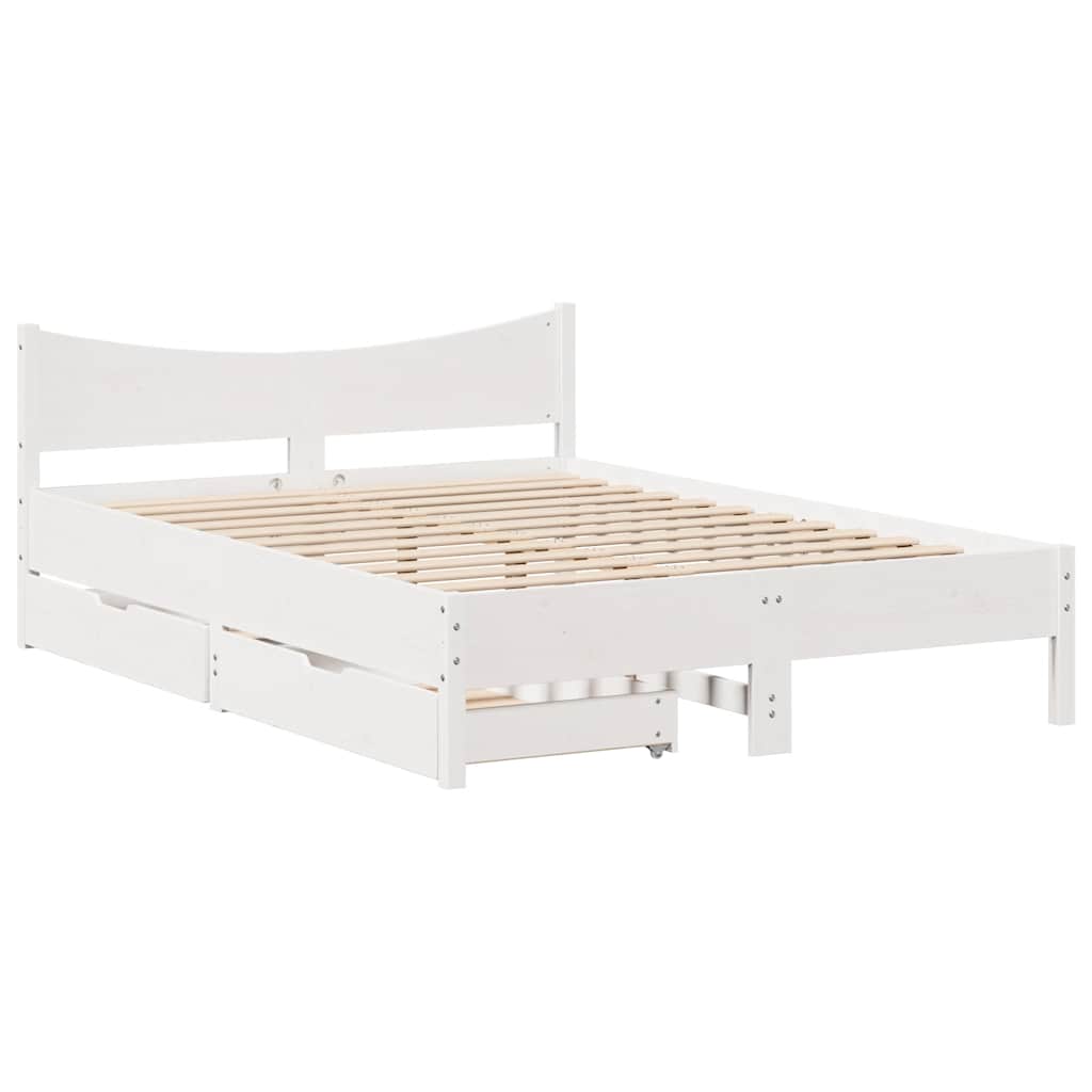 Bed Frame with Drawers White 150x200 cm King Size Solid Wood Pine