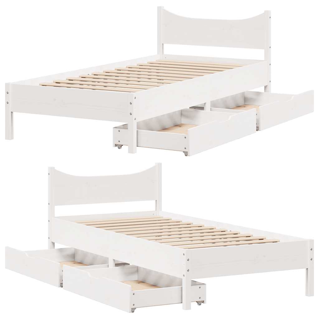 Bed Frame with Drawers White 75x190 cm Small Single Solid Wood Pine