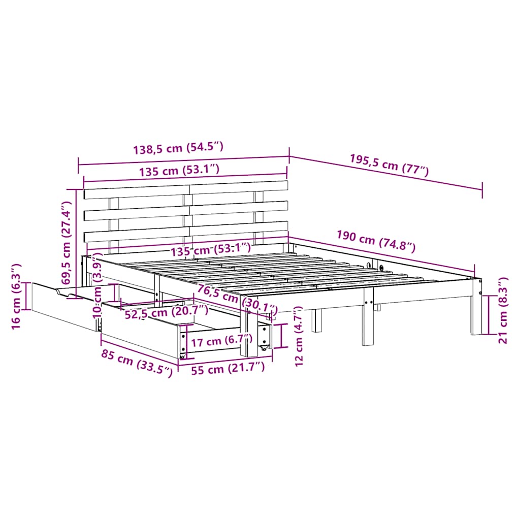 Bed Frame with Drawers without Mattress 135x190 cm Double