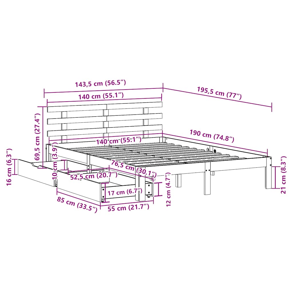 Bed Frame with Drawers without Mattress 140x190 cm