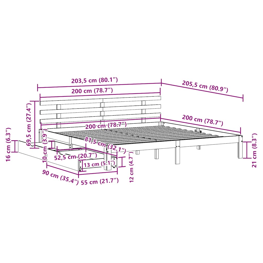Bed Frame with Drawers without Mattress White 200x200 cm