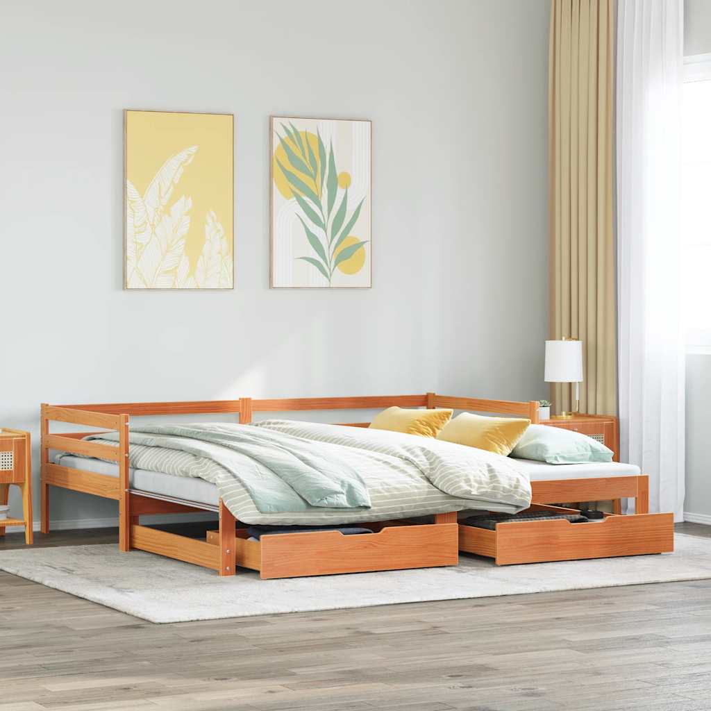 Daybed with Trundle&Drawers without Mattress Wax Brown 90x190 cm Single