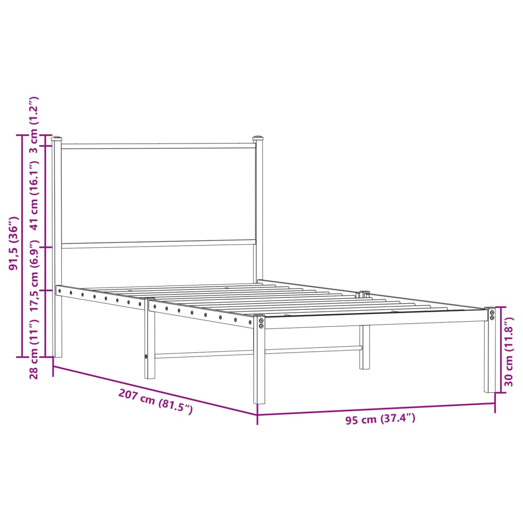Metal Bed Frame without Mattress Sonoma Oak 90x200 cm
