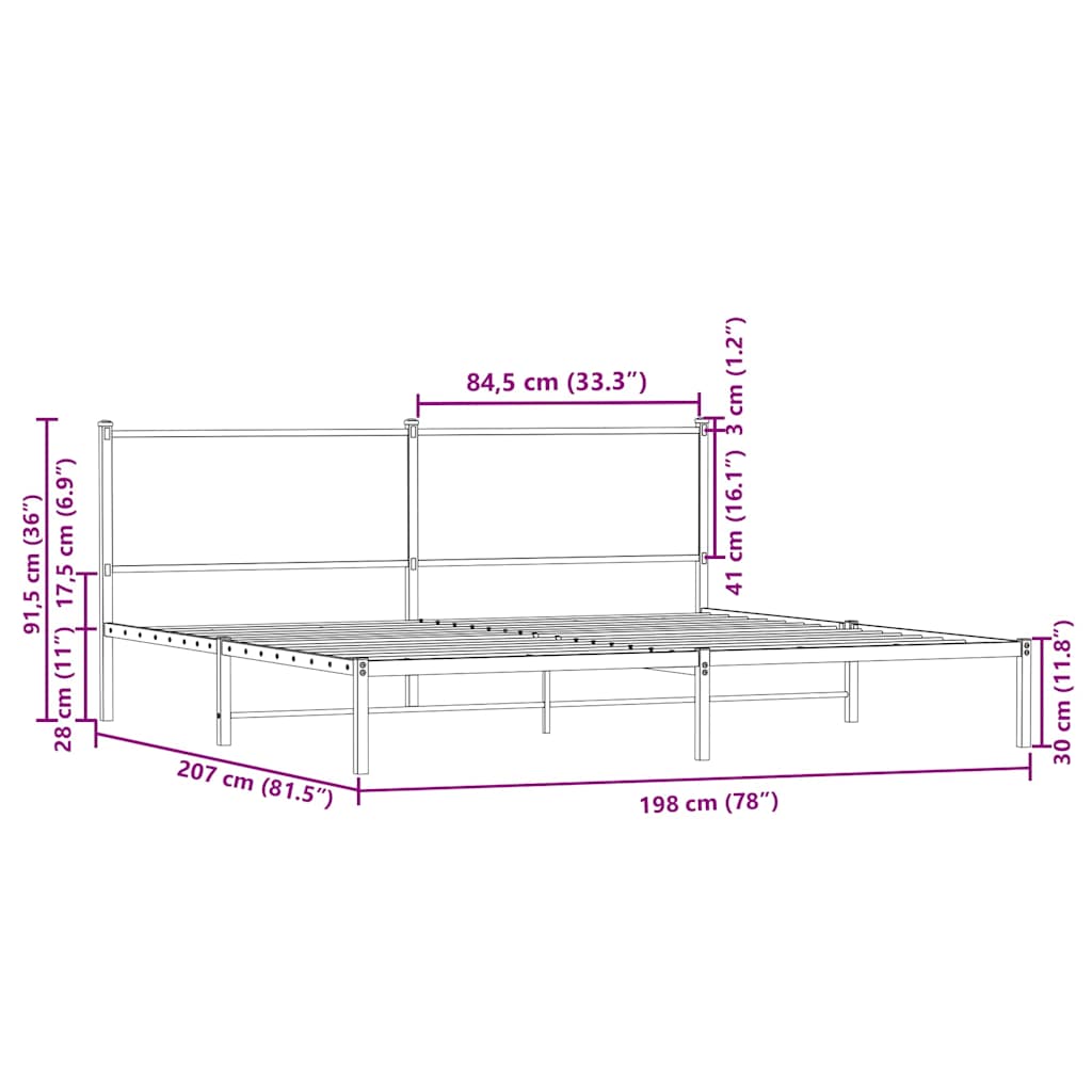 Metal Bed Frame without Mattress Sonoma Oak 193x203 cm