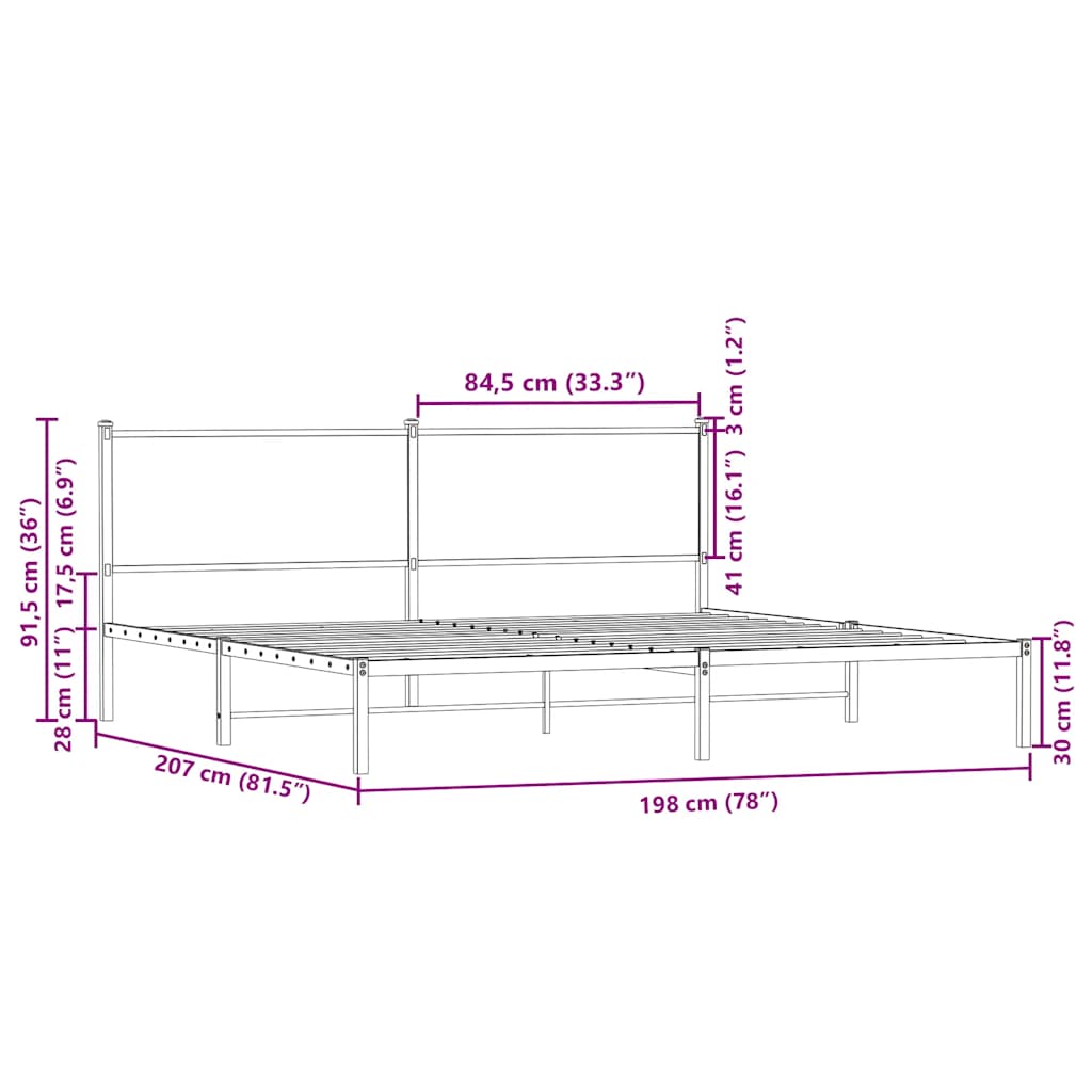 Metal Bed Frame without Mattress Brown Oak 193x203 cm
