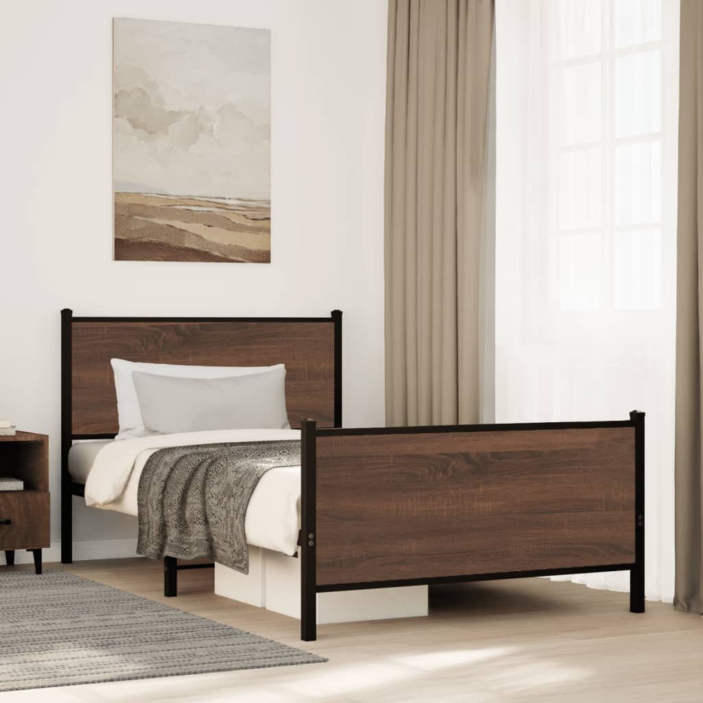Metal Bed Frame without Mattress Brown Oak 107x203 cm