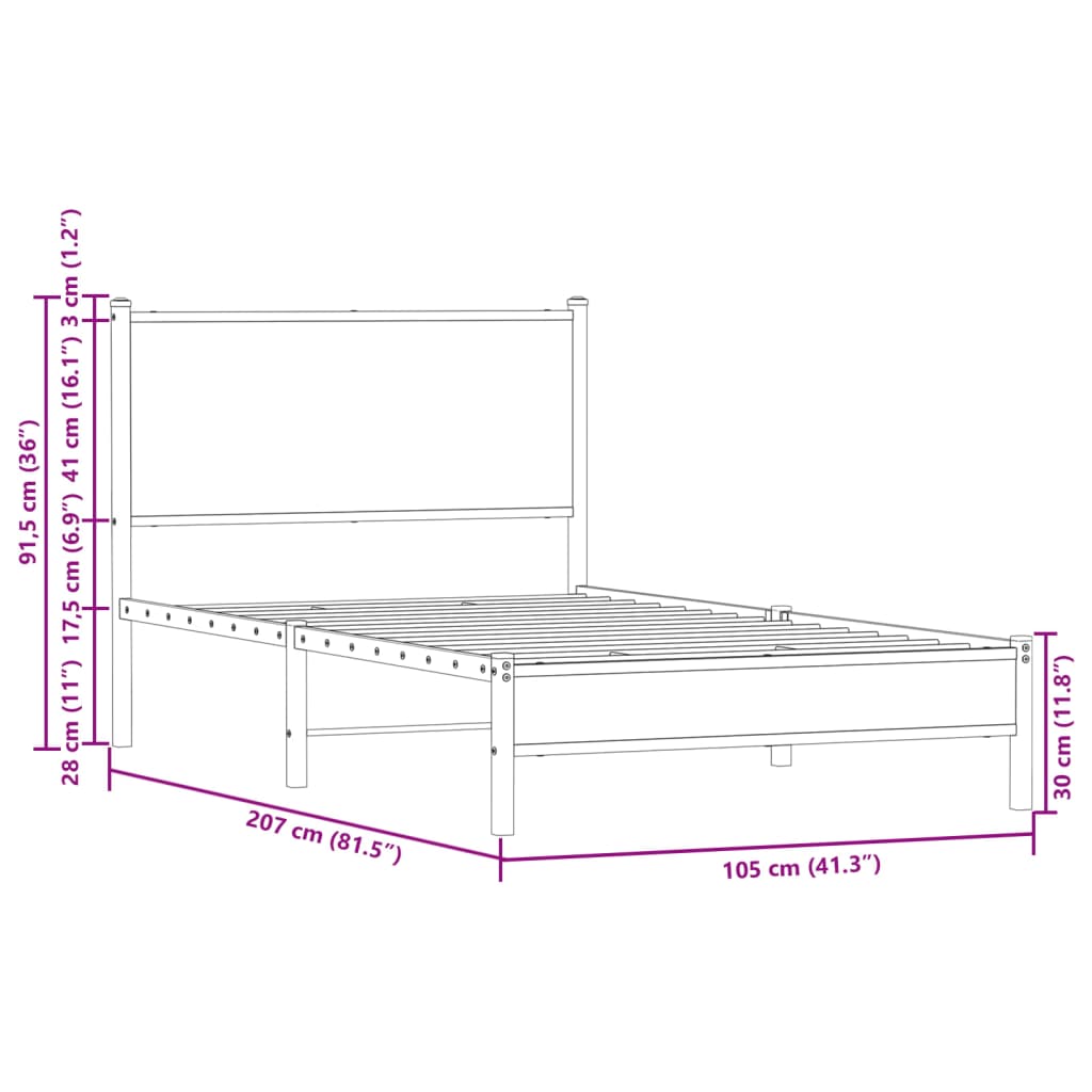 Metal Bed Frame without Mattress Smoked Oak 100x200 cm