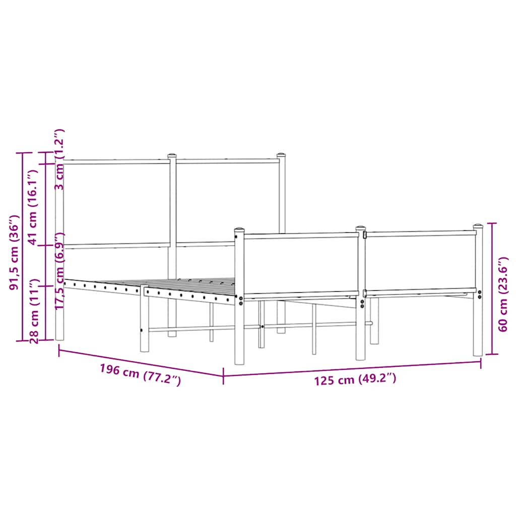 Metal Bed Frame without Mattress Smoked Oak 120x190 cm Small Double