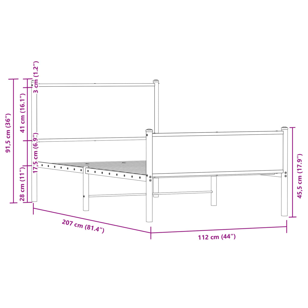 Metal Bed Frame without Mattress Sonoma Oak 107x203 cm