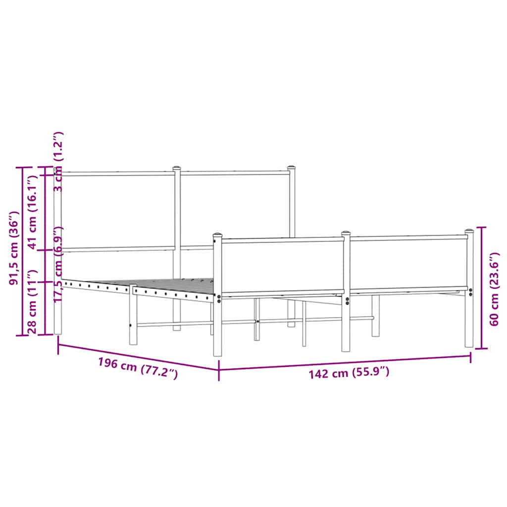 Metal Bed Frame without Mattress Sonoma Oak 137x190 cm