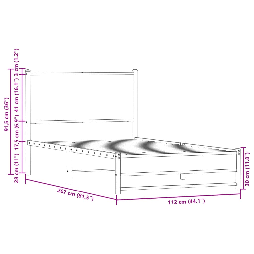 Metal Bed Frame without Mattress Brown Oak 107x203 cm