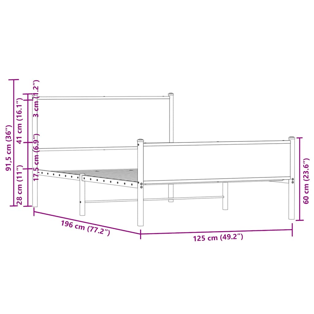 Metal Bed Frame without Mattress Brown Oak 120x190 cm Small Double