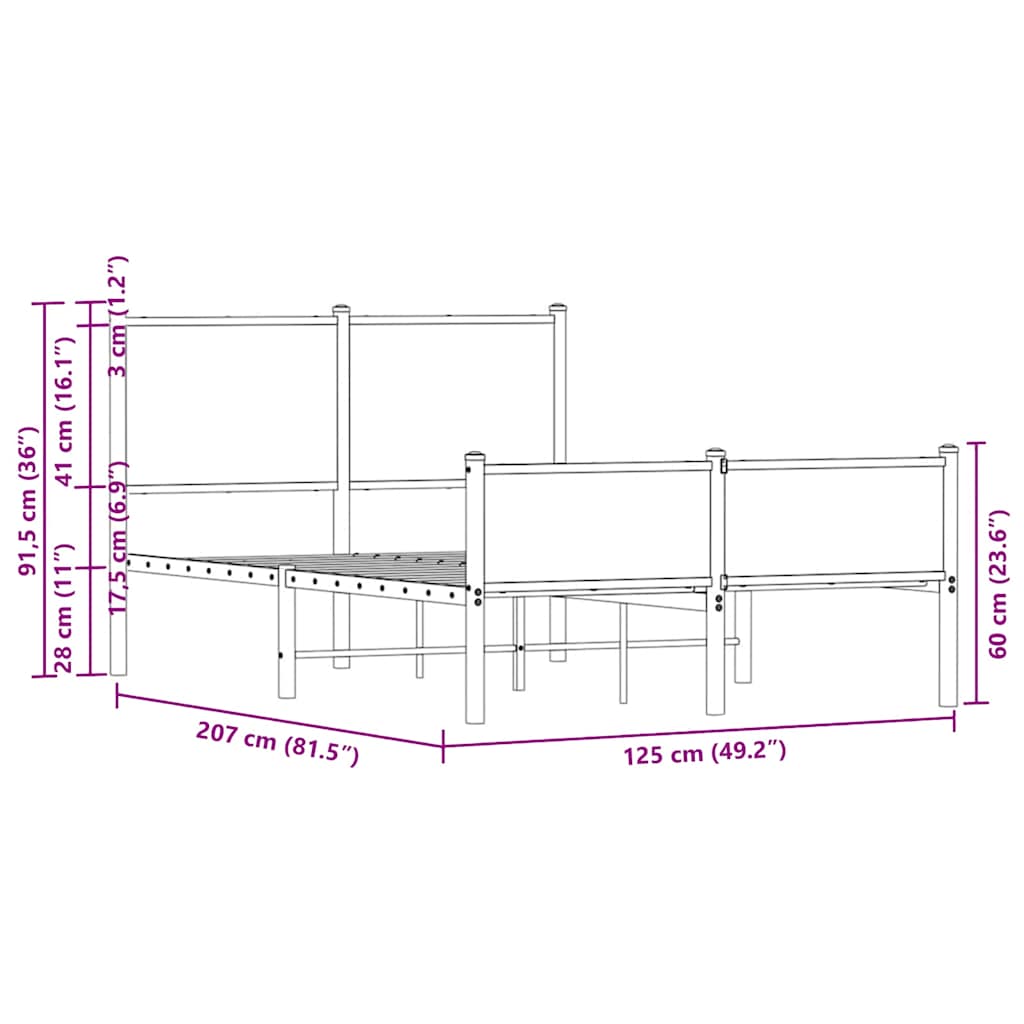 Metal Bed Frame without Mattress Brown Oak 120x200 cm