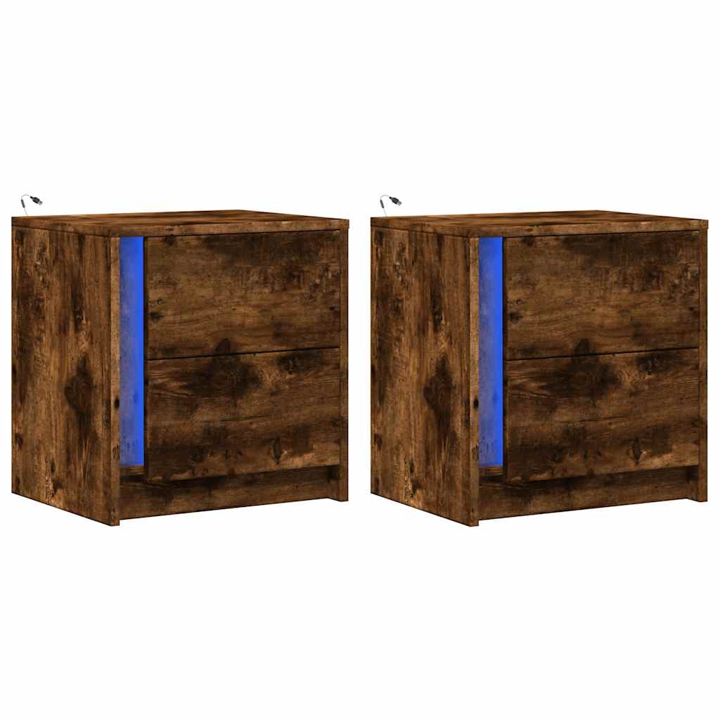 Bedside Cabinets with LED Lights 2 pcs Smoked Oak Engineered Wood