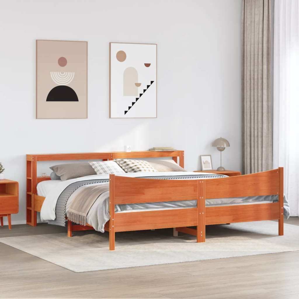 Bed Frame with Headboard Wax Brown 200x200 cm Solid Wood Pine