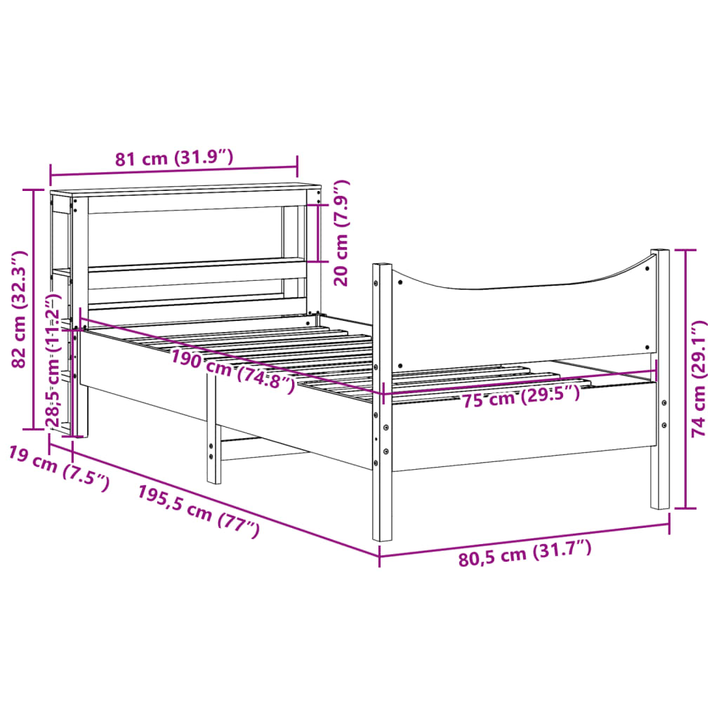 Bed Frame with Headboard 75x190 cm Small Single Solid Wood Pine