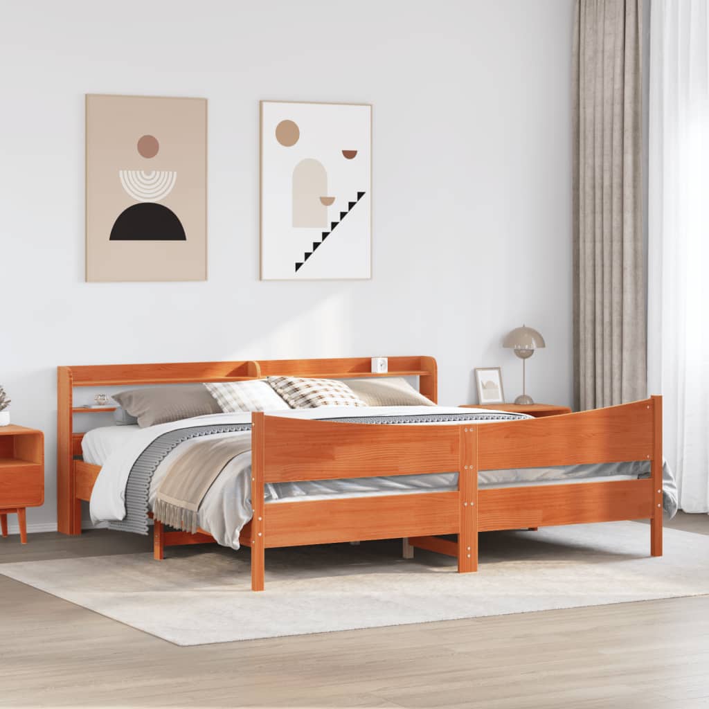 Bed Frame with Headboard Wax Brown 200x200 cm Solid Wood Pine