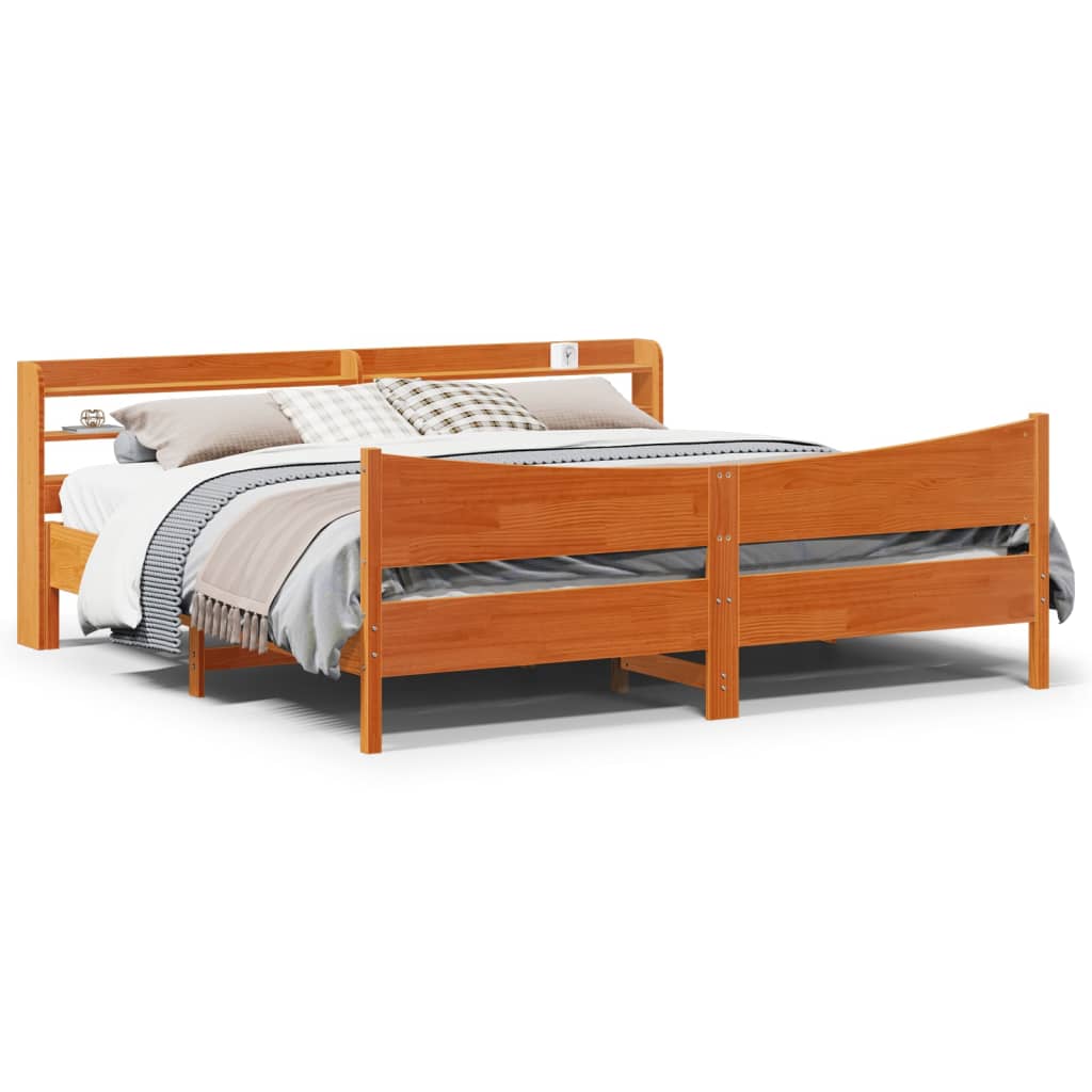 Bed Frame with Headboard Wax Brown 200x200 cm Solid Wood Pine