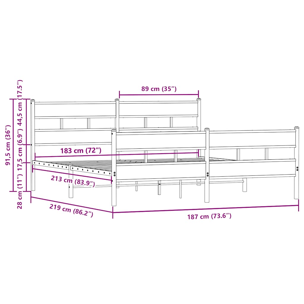 Metal Bed Frame without Mattress Brown Oak 183x213 cm